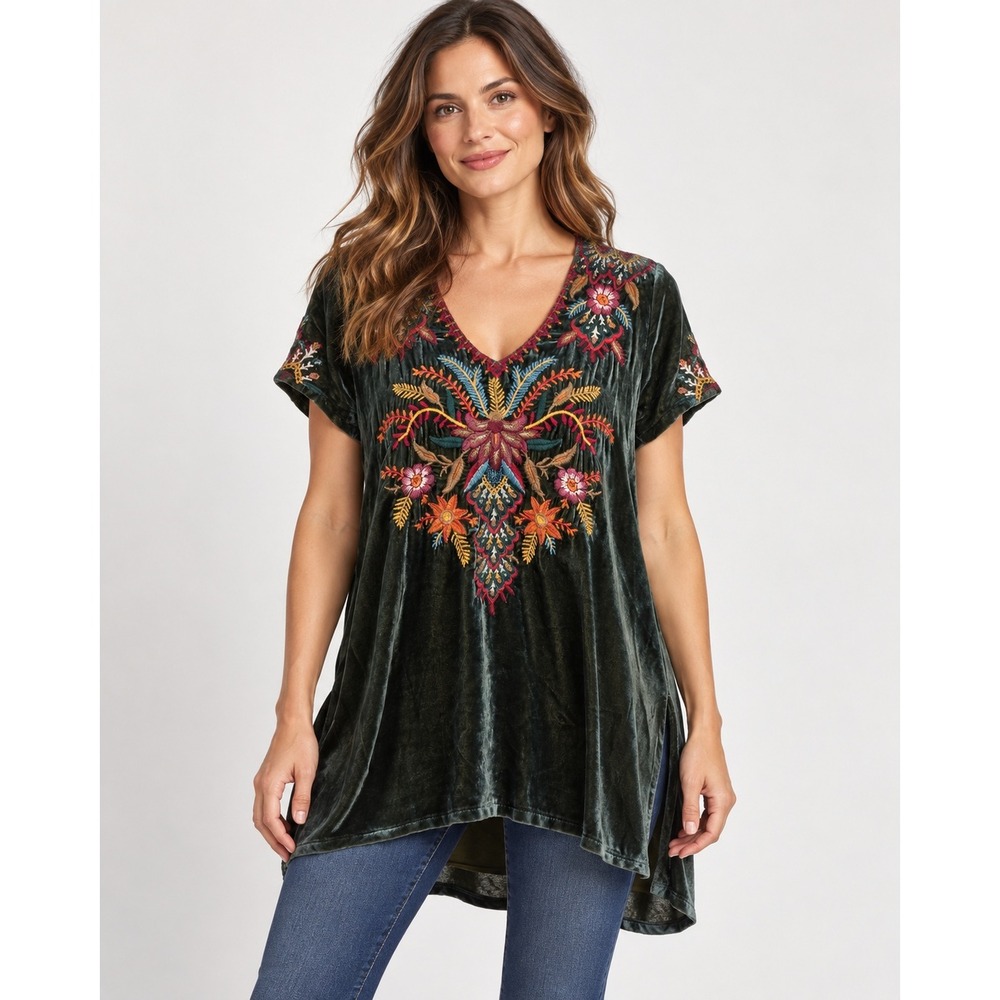 Johnny Was Tunic Top Green Floral Embroidered Velvet Silk Blend Boho XS